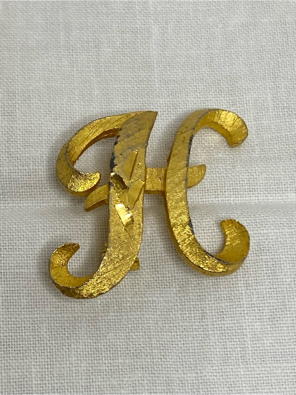 Vintage Marvella Initial H Monogram Brooch Gold Tone Textured Signed Pin